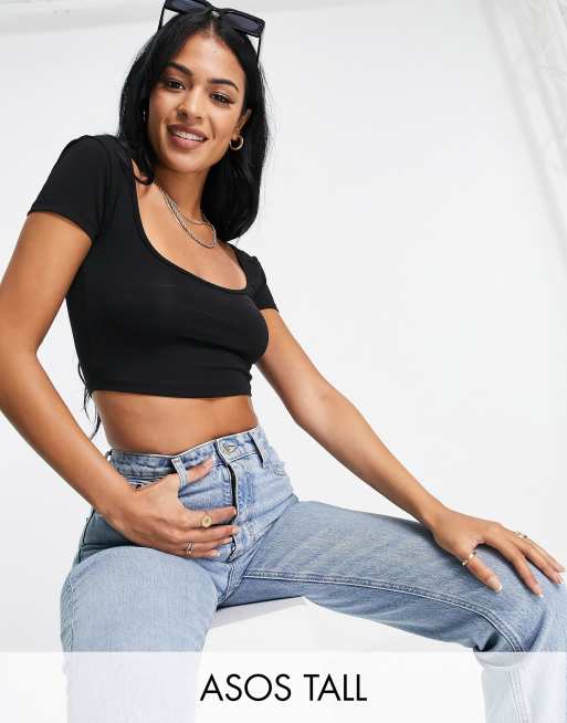 ASOS DESIGN Tall - Cropped T-shirt met wijde hals en kapmouwtjes in zwart