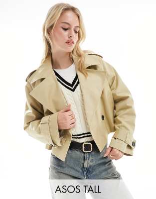 ASOS DESIGN Tall cropped trench coat in stone