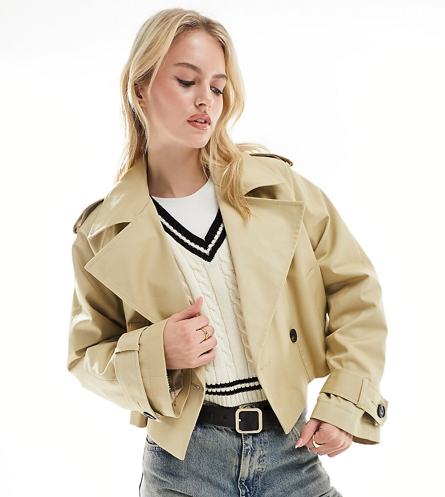 ASOS DESIGN Tall cropped trench coat in stone-Neutral