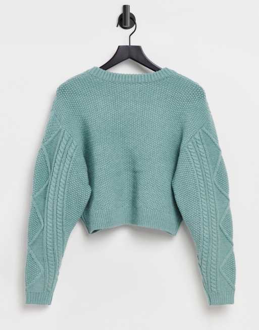 ASOS DESIGN Tall - Cropped trøje med kabelstrikkede detaljer i salviegrøn, 2 af 4