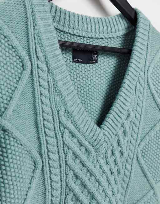 ASOS DESIGN Tall - Cropped trøje med kabelstrikkede detaljer i salviegrøn, 4 af 4