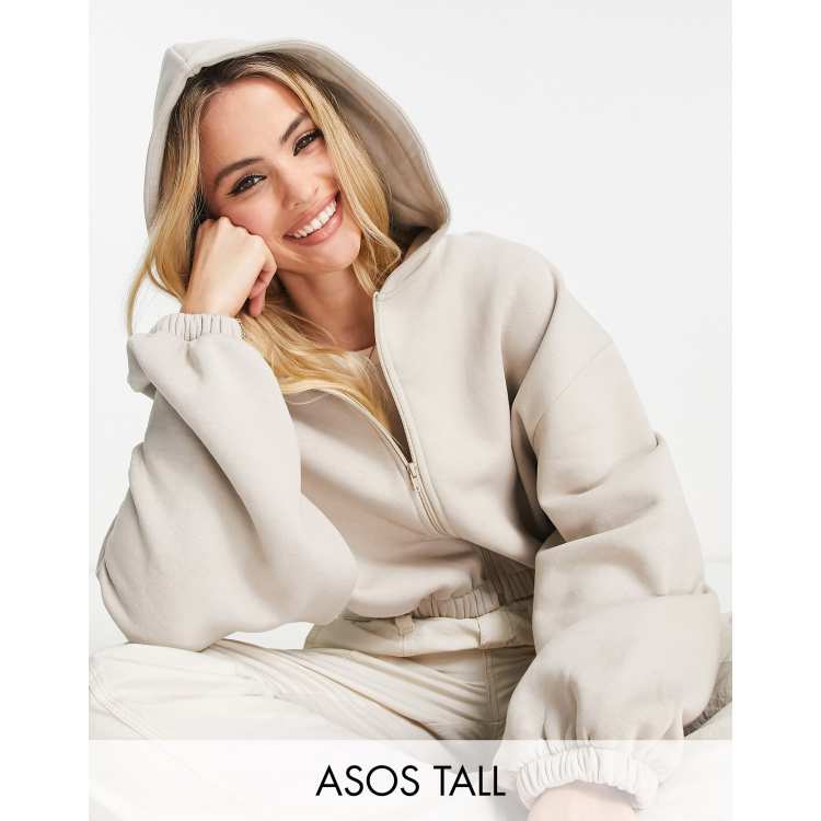 ASOS DESIGN Tall cropped zip through hoodie in stone