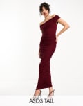 [ASOS Tall] ASOS DESIGN Tall cross over bardot ruched mesh midi dress in berry-Red 4 Berry