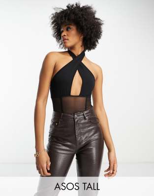 ASOS DESIGN Tall cross over neck mesh corset bodysuit in black