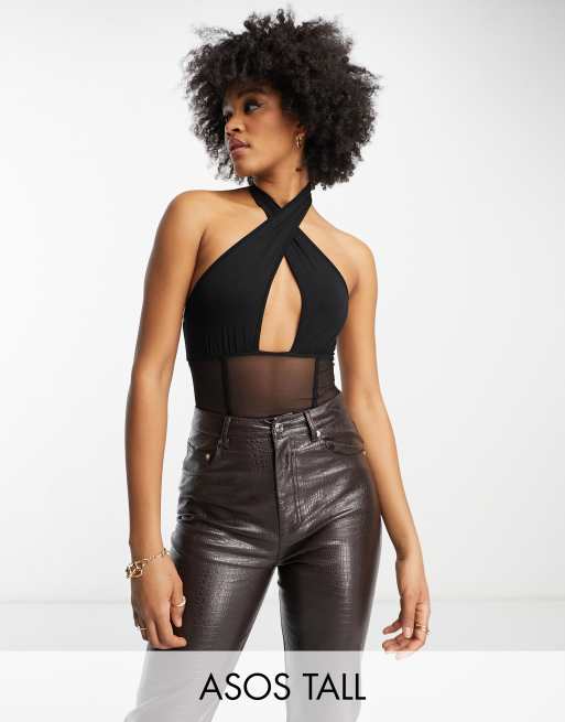 Leather Overlay High Neck Bodysuit - Black