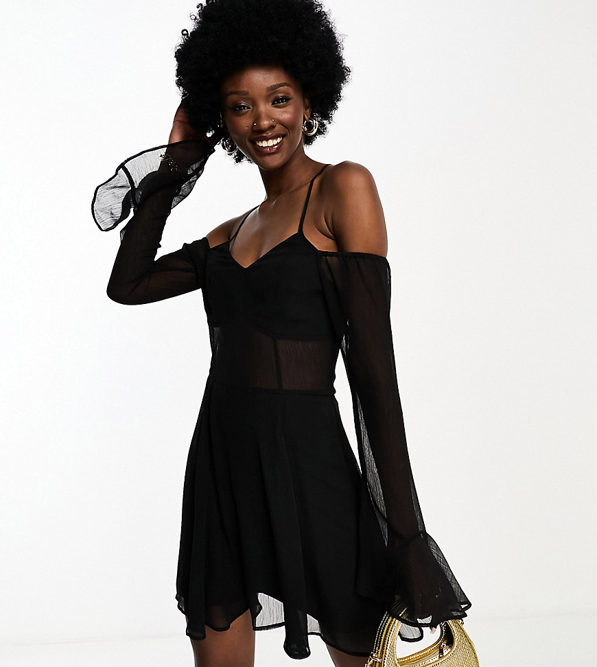 Asos Tall Asos Design Tall Cross Strap Detail Mini Tea Dress With Sheer Panel In Black