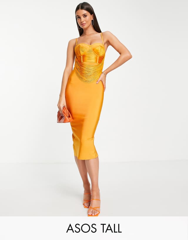 ASOS DESIGN Tall cupped bandage fringe cami midi dress in mustard