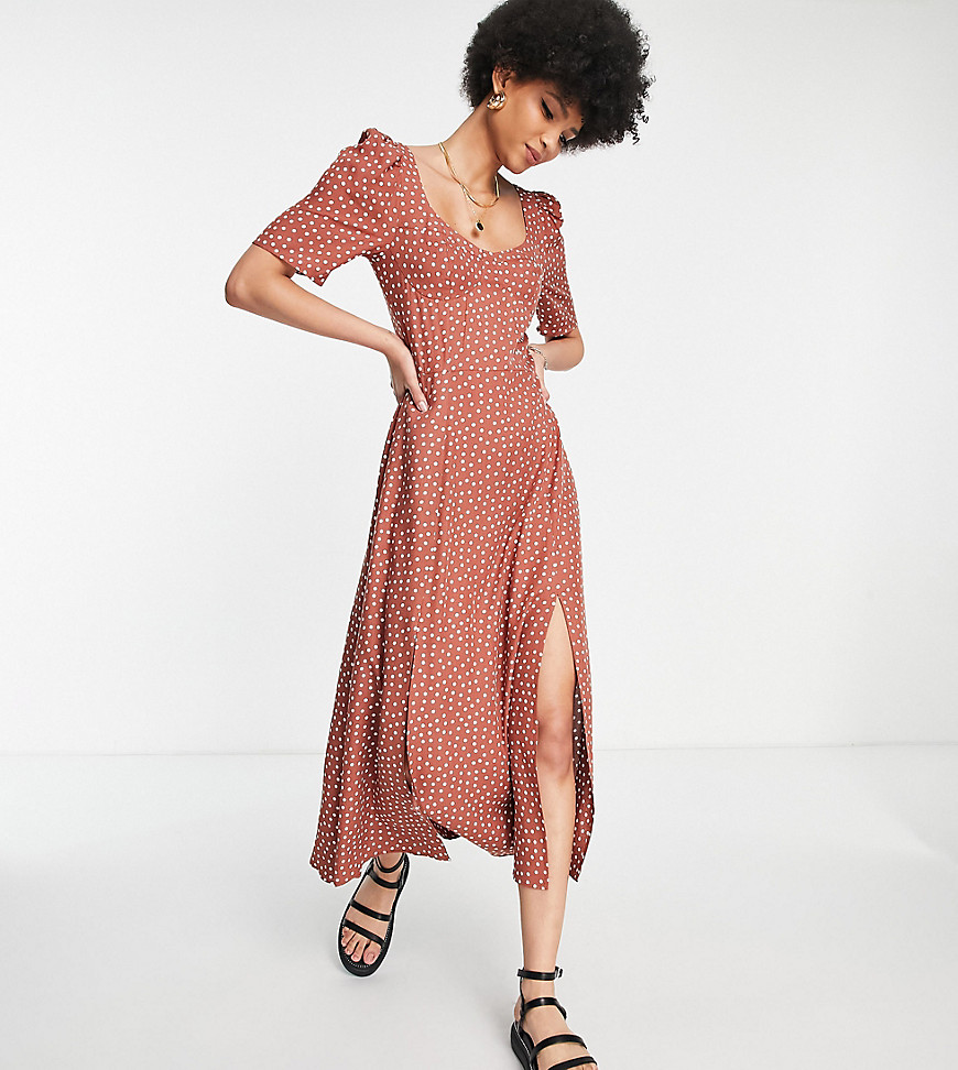 ASOS DESIGN Tall cupped maxi dress with splits in brown spot-Multi