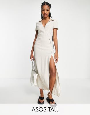 ASOS DESIGN Tall curved button shirt midi dress in linen in natural