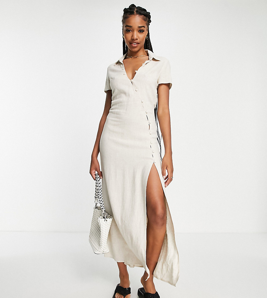 ASOS DESIGN Tall curved button shirt midi dress in linen in natural-Neutral