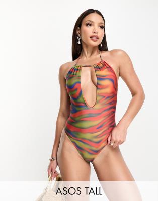 ASOS DESIGN Tall cut out halter neck swimsuit in heat map zebra print-Multi