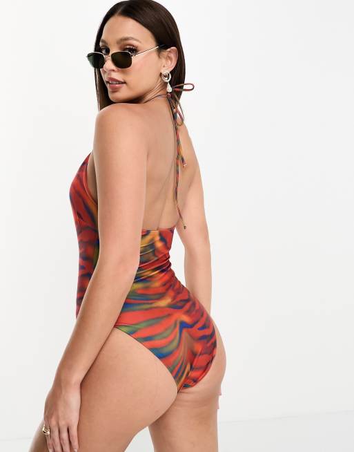 ASOS DESIGN Tall cut out halter neck swimsuit in heat map zebra