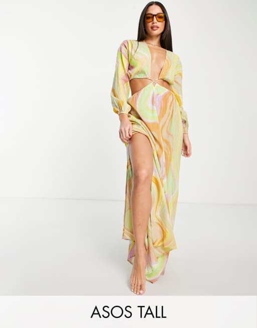 ASOS DESIGN Tall cut out lattice waist maxi beach dress in swirl