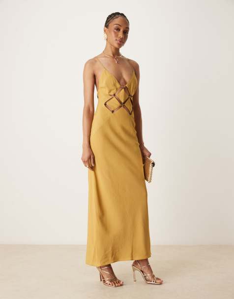 ASOS DESIGN Tall cutout panel cami maxi dress with bead trim in gold - view 1