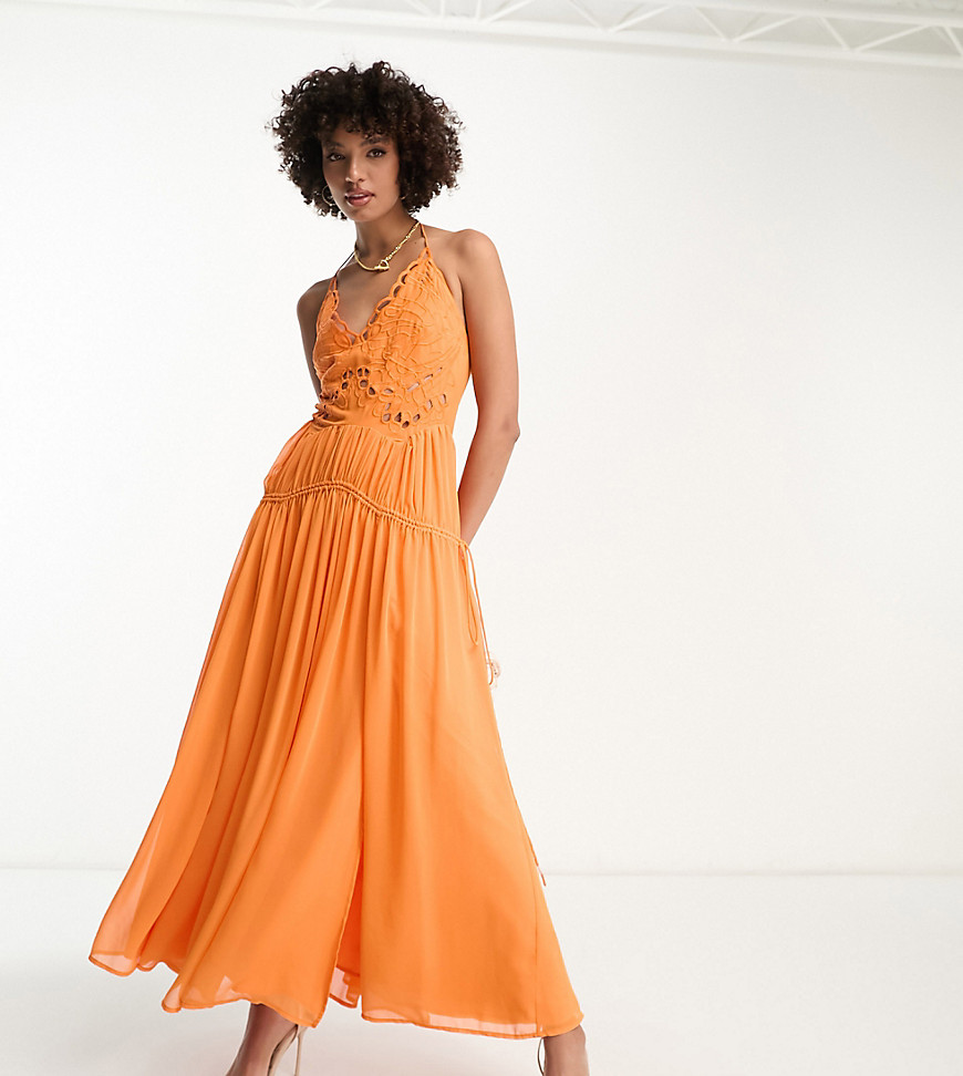 Asos Tall Asos Design Tall Cutwork Maxi Slip Dress With Drawstring Waist In Orange