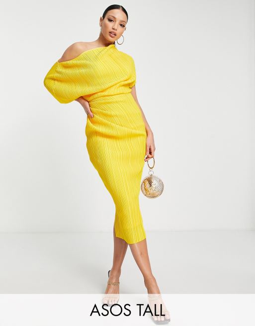 ASOS DESIGN Tall – Cytrynowa plisowana sukienka midi z odkrytymi ramionami