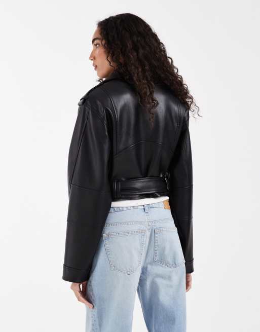ASOS DESIGN Tall – Czarna krótka kurtka typu biker z imitacji skóry, 4 z 4
