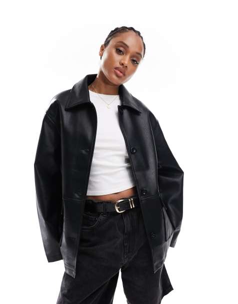 ASOS DESIGN Tall leather look harrington jacket in black