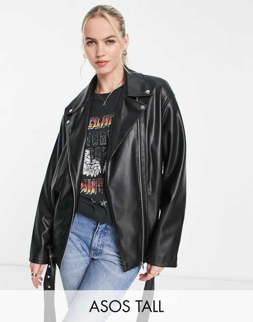 ASOS DESIGN Tall – Czarna kurtka motocyklowa oversize o wydłużonym fasonie z imitacji skóry