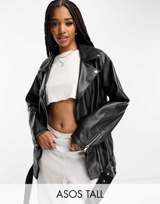 ASOS DESIGN Tall – Czarna kurtka motocyklowa oversize o wydłużonym fasonie z imitacji skóry