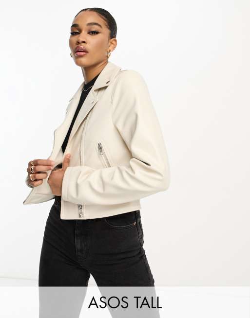 ASOS DESIGN Tall – Czarna kurtka typu biker z imitacji skóry w kolorze ecru