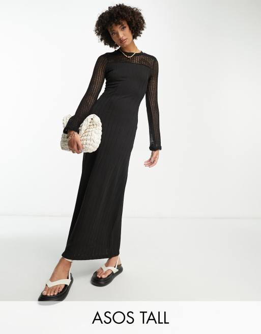 ASOS DESIGN Tall – Czarna prążkowana sukienka midi z długimi rękawami i szydełkową wstawką