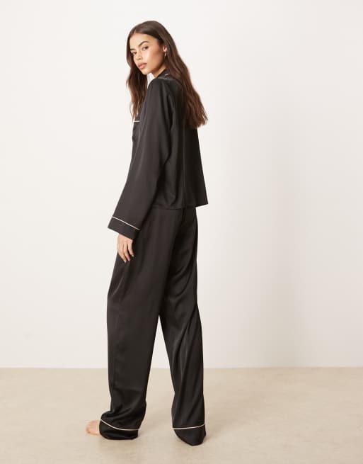 ASOS DESIGN Tall – Czarna satynowa piżama: koszula i spodnie, 4 z 4