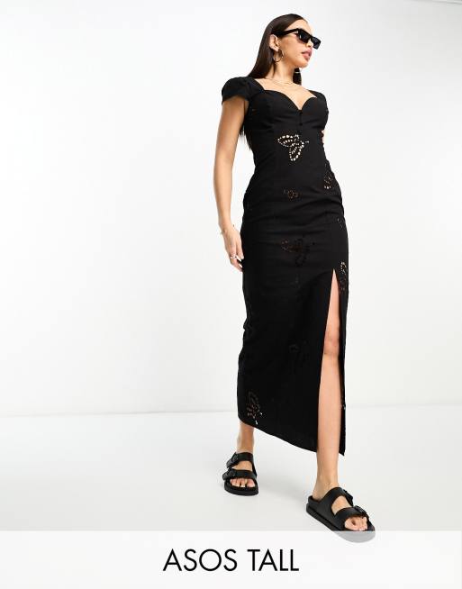 ASOS DESIGN Tall – Czarna sukienka midi z dekoltem w serce, guzikami i ażurowym wzorem z motywem motyli