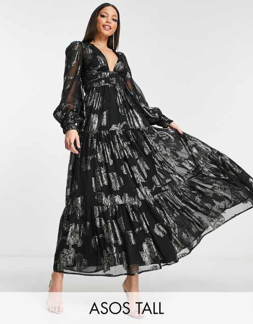 ASOS DESIGN Tall – Czarna sukienka midi z wiązaniem na plecach, bufkami i metalicznym zdobieniem 