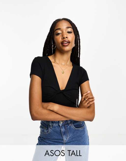 ASOS DESIGN Tall – Czarne prążkowane body z krótkimi rękawami i skręceniem na biuście