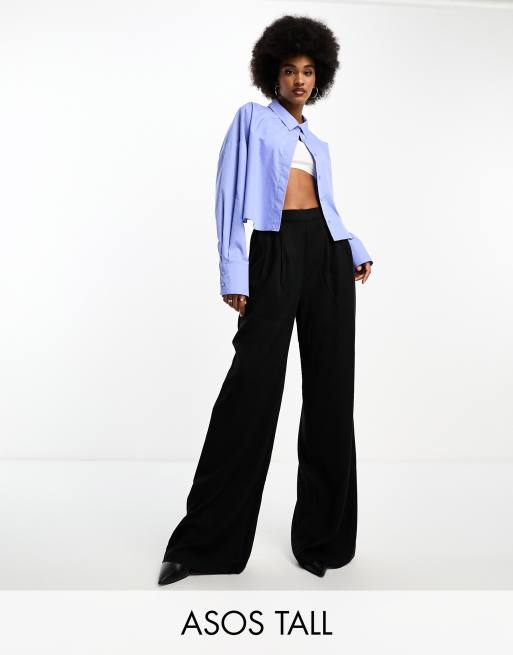 ASOS DESIGN Tall – Czarne spodnie z szerokimi nogawkami i zakładką z przodu