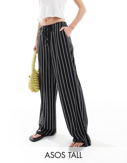 ASOS DESIGN Tall – Czarne wsuwane spodnie z szerokimi nogawkami z materiału z domieszką lnu w paski