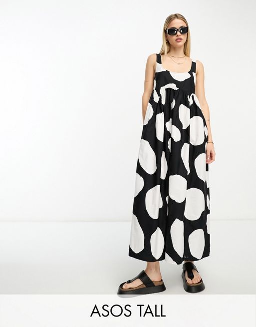 ASOS DESIGN Tall – Czarno-biała luźna sukienka letnia midi z dekoltem karo  w abstrakcyjny wzór w duże plamy | ASOS