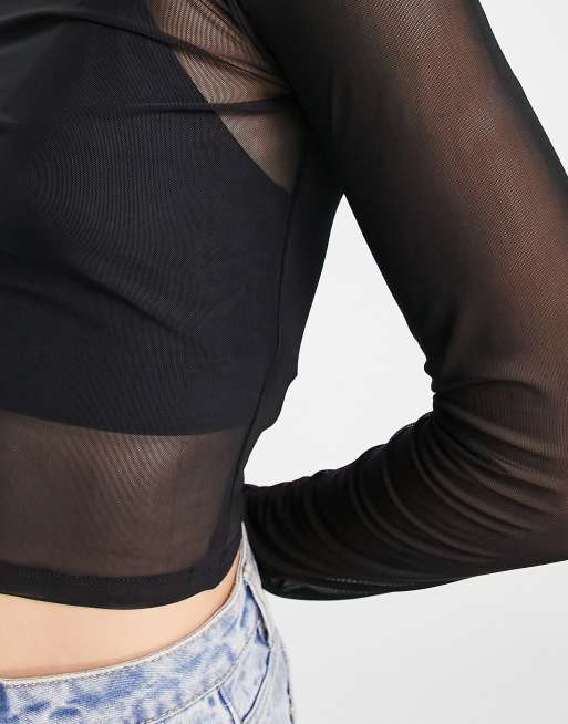 ASOS DESIGN Tall – Czarny krótki top siateczkowy z długimi rękawami, 2 z 4