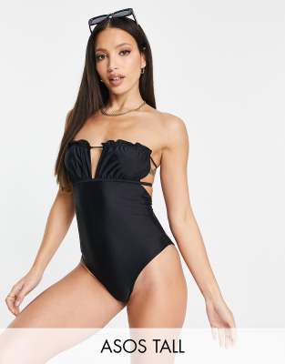 ASOS DESIGN Tall – Czarny strój kąpielowy z dekoltem bandeau i falbanką 