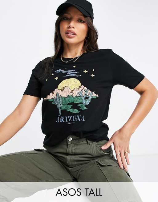 ASOS DESIGN Tall – Czarny T-shirt z grafiką z krajobrazem