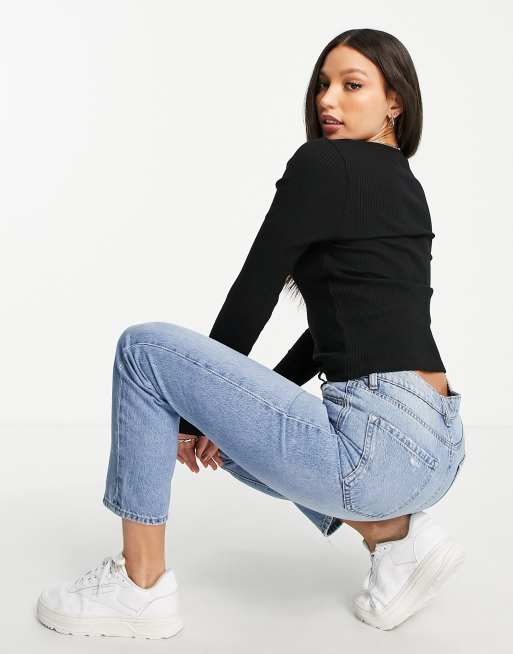 ASOS DESIGN Tall – Czarny top z długim rękawem i dekoltem karo, 2 z 4