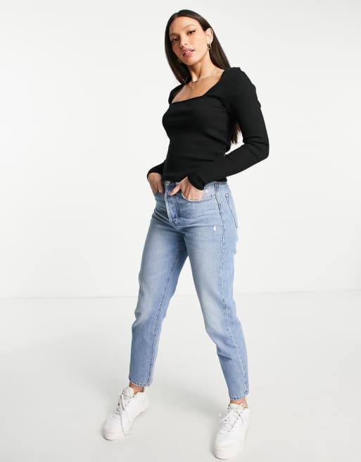 ASOS DESIGN Tall – Czarny top z długim rękawem i dekoltem karo, 4 z 4