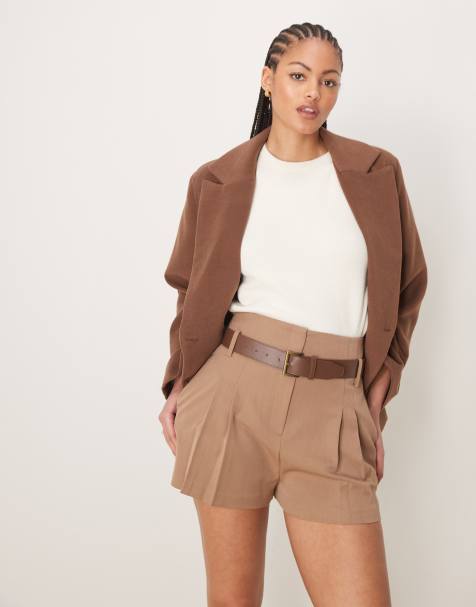 ASOS DESIGN Tall tailored high waist shorts with PU belt in chocolate