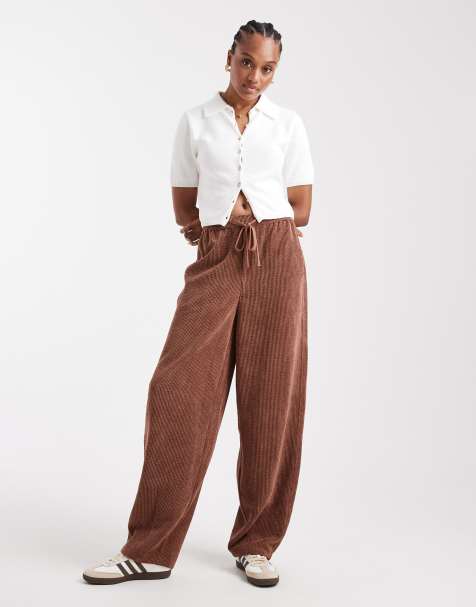 ASOS DESIGN Tall cord barrel leg pull on trousers in chocolate