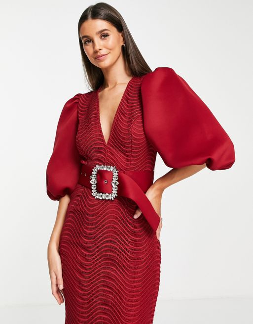 ASOS DESIGN Tall – Czerwona koronkowa sukienka midi z bufkami i kieszenią |  ASOS