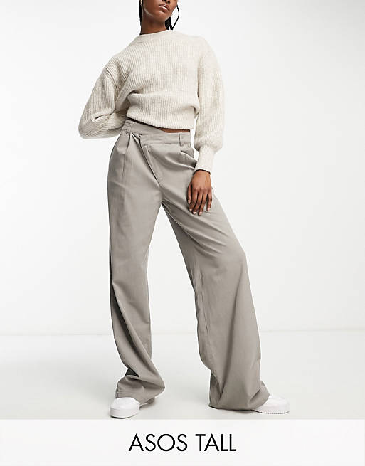 ASOS DESIGN Tall dad pants with asymmetric waist in gray | ASOS