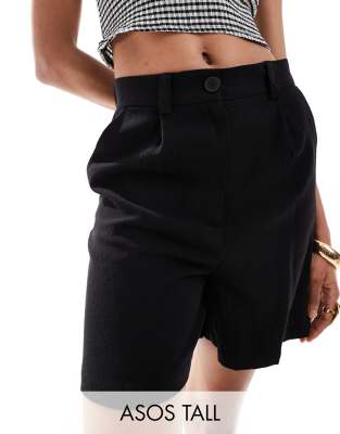 ASOS DESIGN Tall linen dad shorts in black