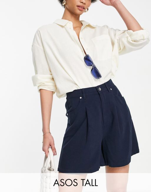 ASOS DESIGN Tall dad shorts with linen in navy 