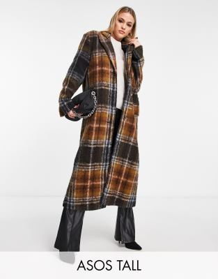 Asos Tall Asos Design Tall Dad Wool Mix Coat In Brushed Check In Brown