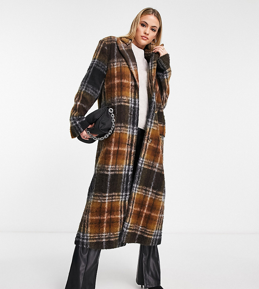 Asos Tall Asos Design Tall Dad Wool Mix Coat In Brushed Check In Brown