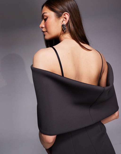 ASOS DESIGN Tall deep bardot mini dress with cape back detail in dark brown scuba-style fabric, 4 of 4