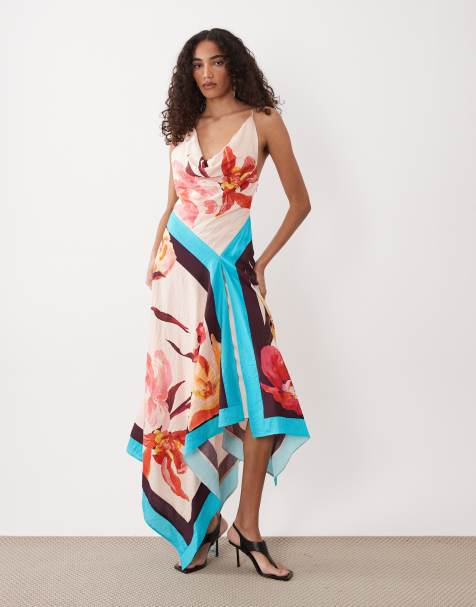 ASOS DESIGN Tall deep cowl asymmetric open back maxi dress in scarf print - view 1