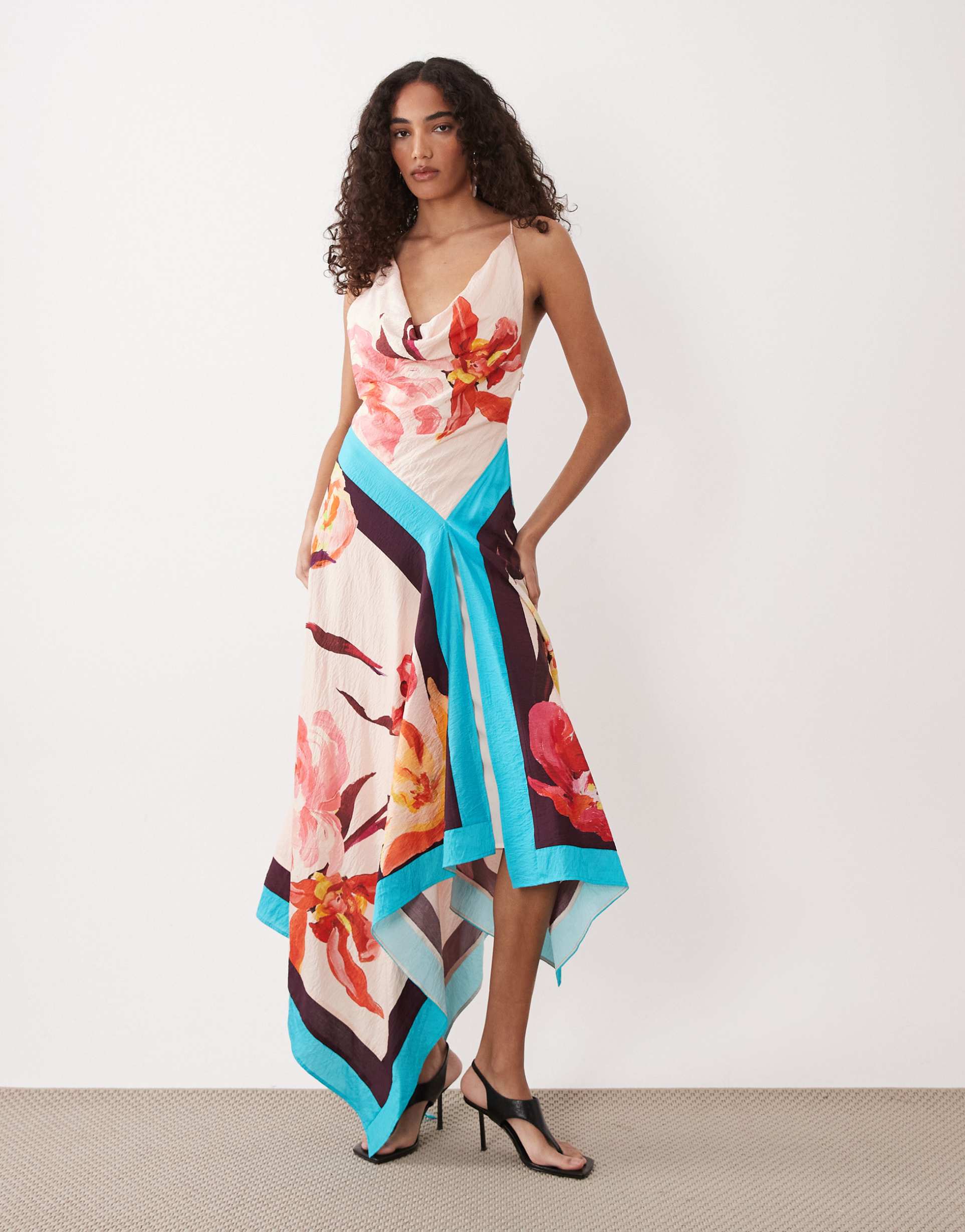 asos design tall deep cowl asymmetric open back maxi dress in scarf print