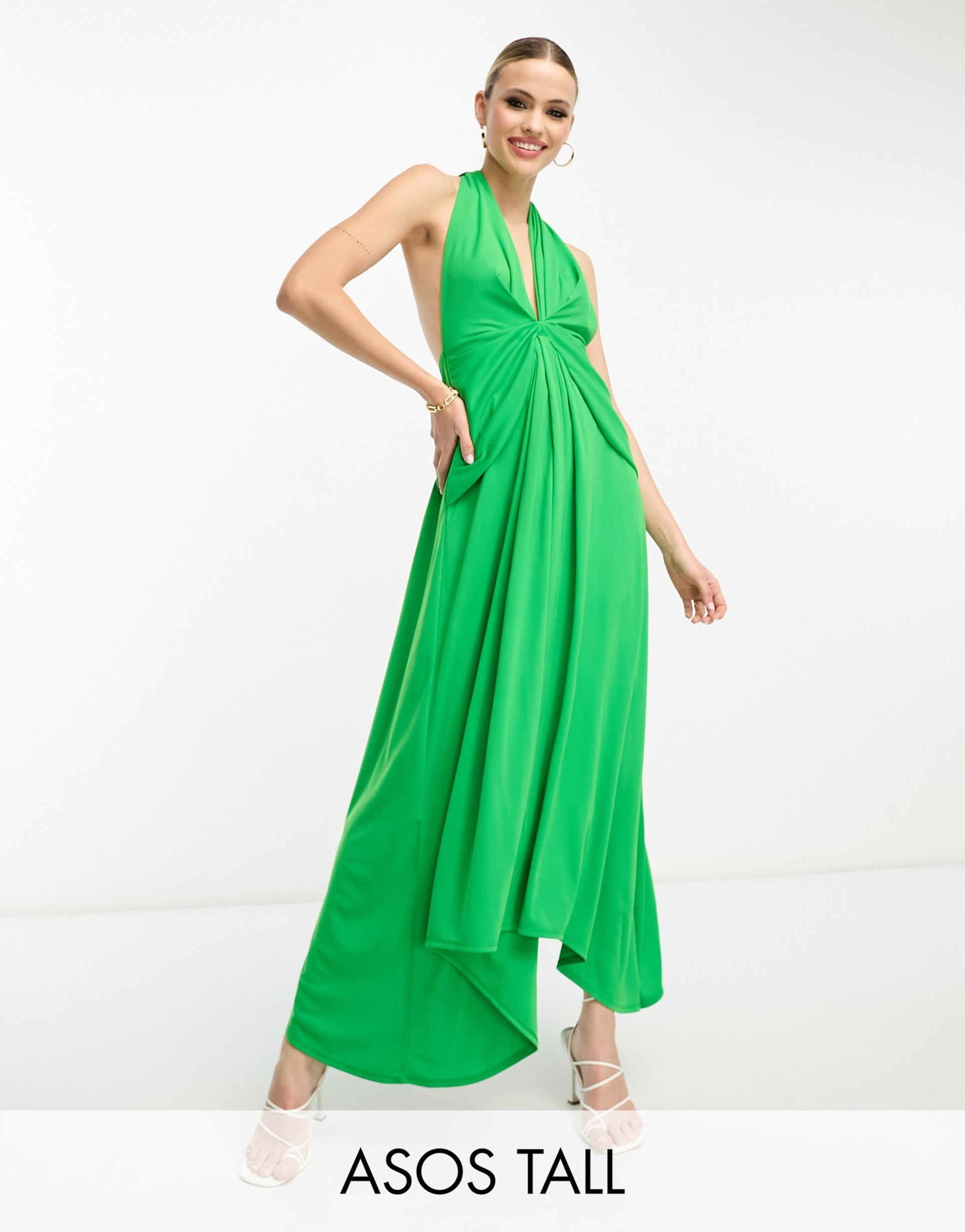 asos design tall deep plunge sash midi dress in green